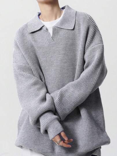 Manfinity Dauomo Casual Loose Polo Knitted Pullover Sweater, Autumn/Winter