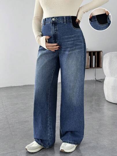 SHEIN Maternity Casual Loose Flare Leg Blue Jeans Mom Jeans