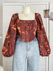 Soleia Plus Size Women's Retro Renaissance Style Brown Boat Neck Lantern Sleeve Cropped Blouse