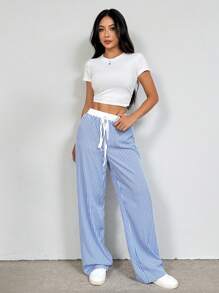 Flirla Pantalones rectos casuales de mujer a rayas azules y blancas - Azul - Ver 4