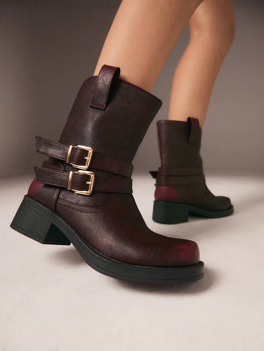 CUCCOO GRLICON Women's Ankle Boots And Ankle Boots, Y2K Style, Punk Style, Biker Style, Cool Girl Style, Suitable For Halloween, Christmas, Party - Burgundy - View 1