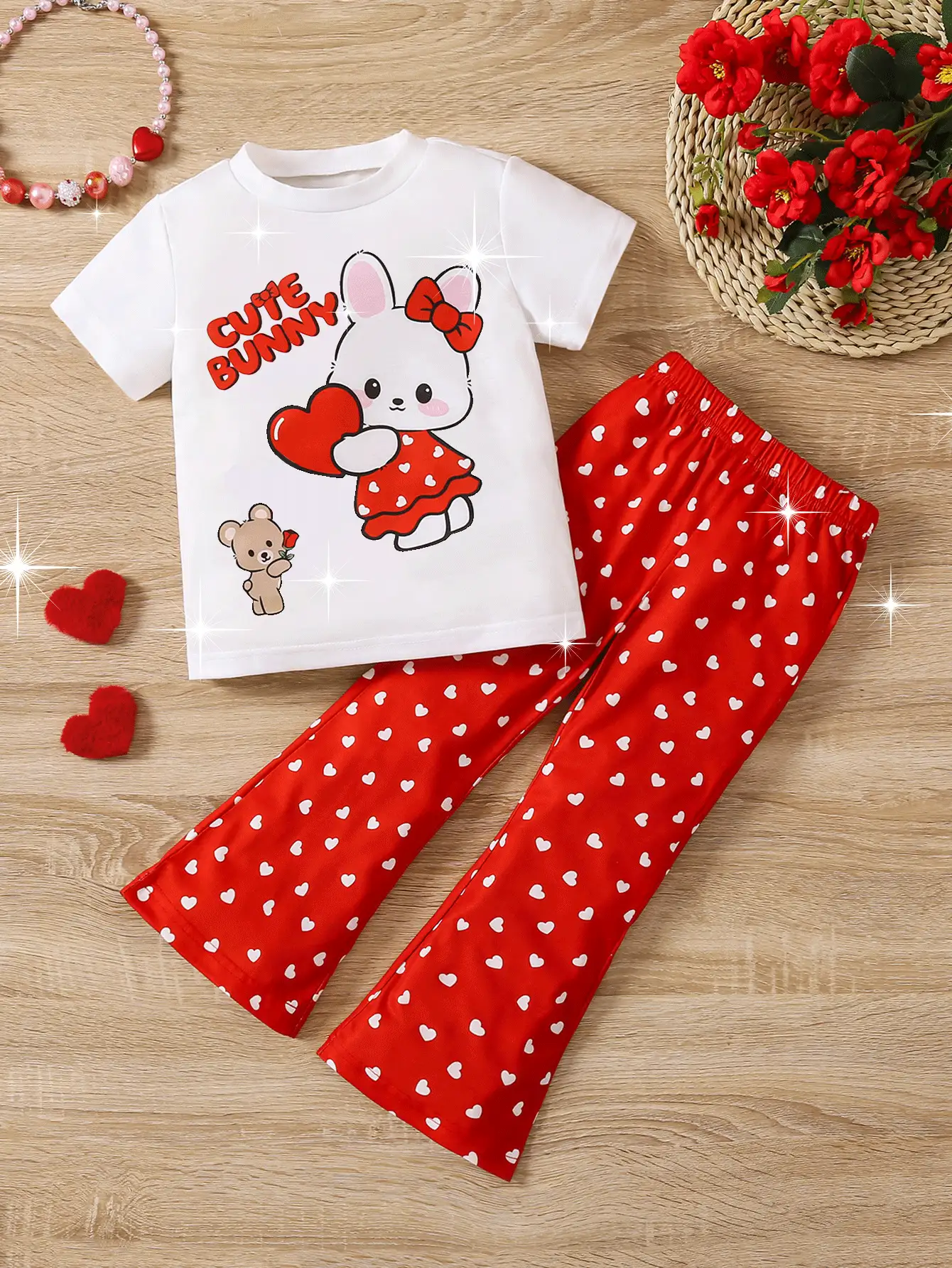 SHEIN 2pcs Young Girl Rabbit & Heart All-Over Print Flared Pants + Round Neck Top, Comfortable Short Sleeve Set For Spring/Summer Valentine's Day - Multicolor - View 2
