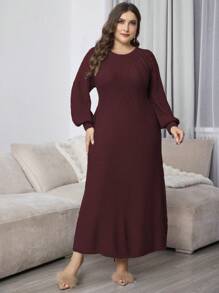 Mulvari Plus Size Solid Color Round Neck Long Sleeve Casual Long Dress - Burgundy - View 4