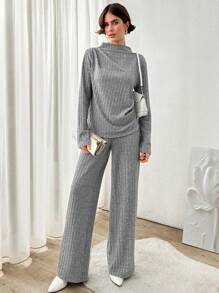 EURMUSE Urban Chic Soft Touch Knitting Draped Top & Wide Leg Loose Pants Two-Pieces Matching Set - Grey - View 7