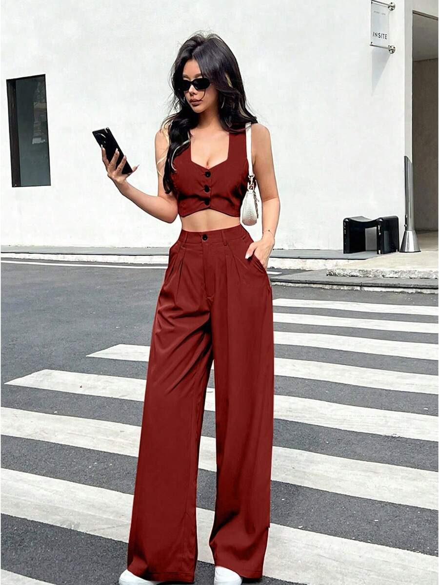 INAWLY 2 pièces Ensemble femme Top sans manches boutonné devant et pantalon de couleur unie - Rouge foncé - Voir 1