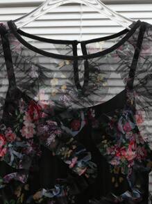 Celure Plus Size Sheer Romantic 3D Floral Print Long Sleeve Blouse