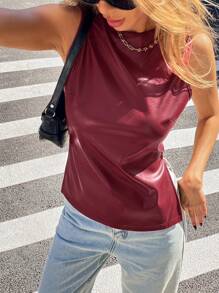 SHEIN Essnce Red Pu Wide Strap Tank Top Sleeveless Waist Tank Top Women Plain PU Leather Round Neck Fashion Tank Top