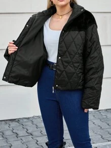 RueChic Plus Size Solid Color Front Zip Pocket Minimalist Winter Jacket - Black - View 6