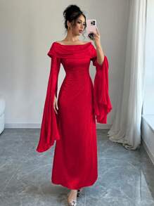 SHEIN Unity 1 件开衩超长露肩褶皱腰优雅派对连衣裙 - 紅色 - 查看 3
