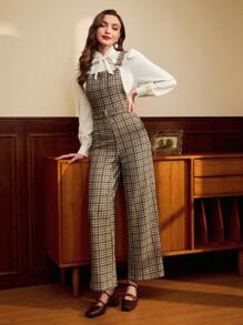 Vintamour 复古格纹印花背带裤，秋冬新年休闲女装 - 咖啡棕 - 查看 5