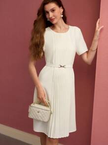 MOTF PREMIUM PLEATED ZIP BACK BELTED DRESS - Apricot - View 5