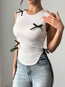 Chiquease Color Block Round Neck Bowknot Pleated Women Camisole