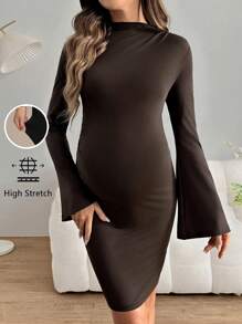 SHEIN Vestido ajustado mini de manga larga con cuello alto y fruncido, apropiado para usar en otoño/invierno como ropa casual/de oficina, para embarazadas