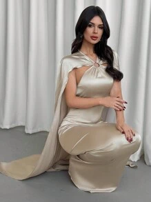 Firerie Vestido largo elegante de diseño de capa conectada con aro de unicolor para mujeres, para el Año Nuevo y el Día de San Valentín - Champán - Ver 6