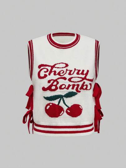 Kawaii سترة محبوكة مطرزة بشكل عقدة الفراشة الكرز لعيد الحب للنساء