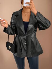 SHEIN Unity Women's Turndown Collar Shiny Striped Loose Casual Blazer Fall Cloth For Women - Black - View 4