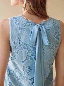 MOTF PREMIUM ÁO BLOUSE KHÔNG TAY REN GIẢ NGỌC TRAI GUIPURE - Màu xanh lam - Xem 7