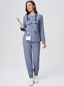 Scrubzie 2 件套抗皱多口袋衬衫长袖上衣和裤子，女士医疗保健手术服 - 淺藍色 - 查看 7