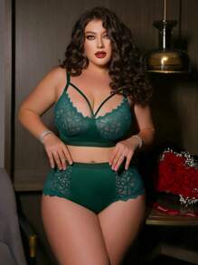 Seduluxe 2pcs Plus Size Wireless Contrast Lace Bra And Panty Set Lingerie - Dark Green - View 5