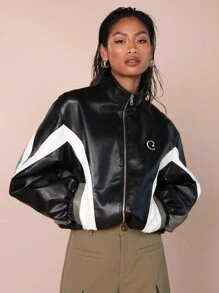 COSMINA Women's Solid Color Patchwork Front Zipper Long Sleeve Pocket Simple Casual Jacket