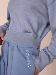 COSMINA Damen V-Ausschnitt Langarm Pullover mit gesticktem Buchstaben, Lässig