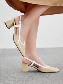 CUCCOO BIZCHIC Women's Square Toe Thick Heel Commuting Casual Beige & Brown Color Block Slip-On High Heels, Fashionable & Elegant, Suitable For Spring Casual Outfit Valentine's Day - Apricot - View 4