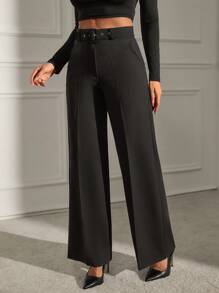 EURMUSE Women's Solid Belted Seam Suit Pants - Black - View 4