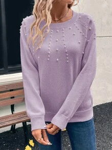 EMERY ROSE Women's Crew Neck Bubble Beaded Sweater, Minimalist Fashion Casual Daily Wear