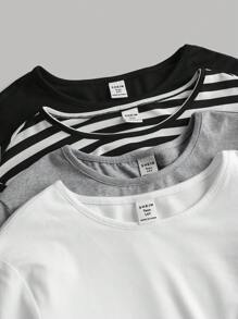 SHEIN Girlism 4pcs/Set Girls Solid & Striped Crew Neck Ruched Waist Long Sleeve Tight Fit Tops, Combo Set (Black, White, Gray) - Multicolor - View 9