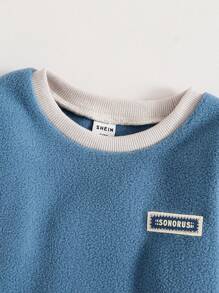 男婴字母印花长袖保暖内衬保暖休闲运动裤套装，弹力面料，适合男童秋冬季日常穿着 - 霧霾藍 - 查看 5