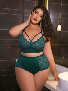 Seduluxe 2pcs Plus Size Wireless Contrast Lace Bra And Panty Set Lingerie - Dark Green - View 1