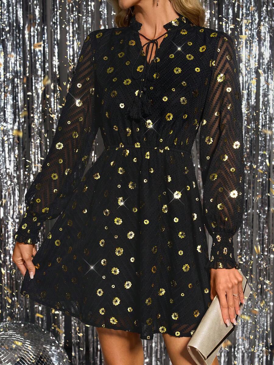 SHEIN Clasi Waist Definition Jacquard Fabric Elegant Women Dress,New Year Eve Dress,Valentine's Day - Black - View 1