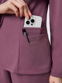 TaskEZ 2pcs Multi-Pocket Long Sleeve Top & Pants Nursing Scrub Uniform Set - Red Violet - View 4