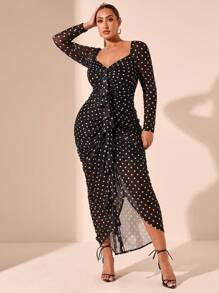 SHEIN BAE Váy dài tay xếp nếp họa tiết chấm bi thanh lịch cỡ lớn thời trang thu đông thích hợp cho hẹn hò, tiệc tùng, trà chiều - màu đen - Xem 6