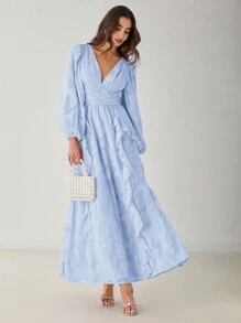 Enchnt 春夏浪漫女士花卉淡蓝色 V 领长袖褶饰荷叶边下摆长裙，甜美优雅，适合情人节、生日、节日、甜蜜约会之夜、舞会、花园派对和度假，女士柔和色调连衣裙