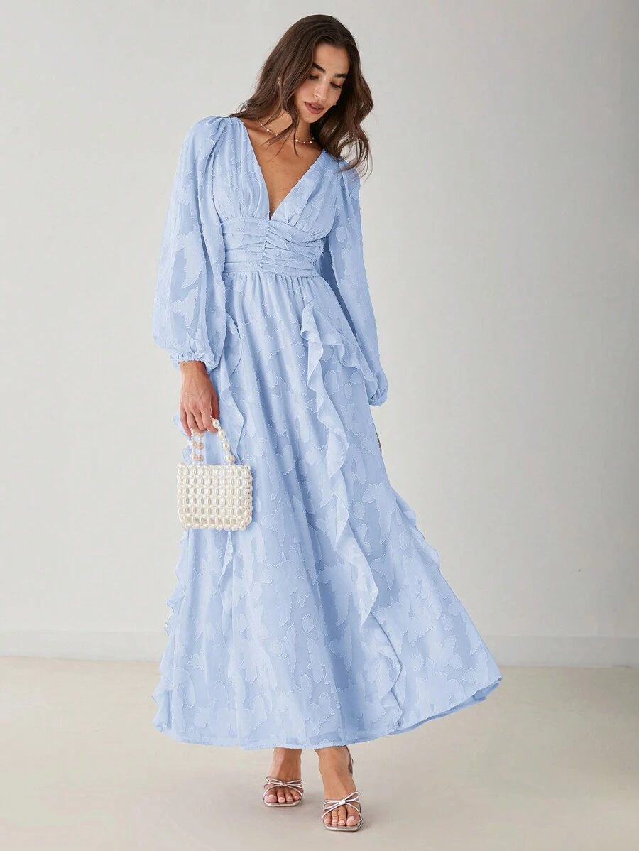 Enchnt 春夏浪漫女士花卉淡蓝色 V 领长袖褶饰荷叶边下摆长裙，甜美优雅，适合情人节、生日、节日、甜蜜约会之夜、舞会、花园派对和度假，女士柔和色调连衣裙