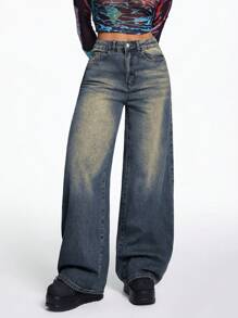 SHEIN EZwear 女士蓝色口袋宽松阔腿休闲牛仔裤 - 深色水洗藍 - 查看 5