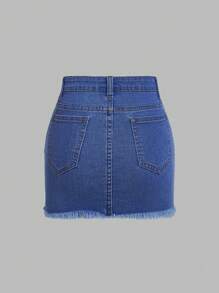 SHEIN EZwear Plus Size Front Button Pocket Distressed Casual Denim Skirt