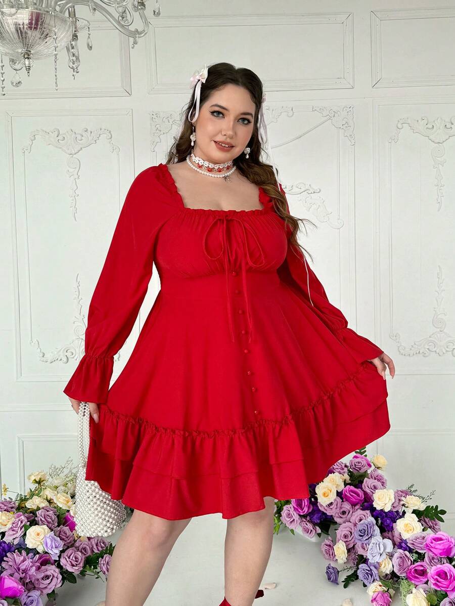 Lyrianda Plus Size Women's Square Neck Ruffle Long Sleeve Solid Red Romantic Princess Cute Waisted Mini Dress, Valentine's Day - Red - View 1