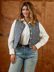 Elaquor Plus Size Women Floral Pattern Single Breasted Casual Vest Jacket For Winter - Multicolor - View 3