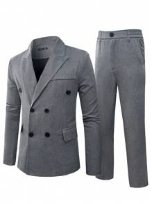 Manfinity Bizformal 男士条纹短领双排扣长袖西装直筒通勤办公室商务长裤套装适合新年假期，送给男朋友的礼物