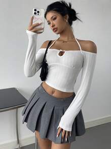SHEIN EZwear 女士秋季蝴蝶结装饰露肩长袖挂脖系带 T 恤 - 白色 - 查看 6