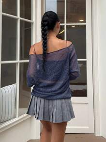 Muchica Navy Blue Sequin Sheer Mesh One Shoulder T-Shirt For Women