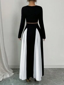 INAWLY Plus Size Elegant Solid Cropped Top And Contrasting Patchwork Skirt 2Pcs Set, Autumn Spring Clothes - Black - View 2