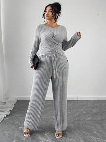 Flirla Conjunto de 2 piezas de top de manga larga cruzado y envoltura informal talla grande talla otoñal y pantalones - Gris - Ver 4