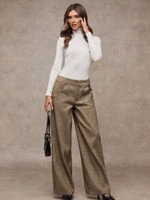 SHEIN BAE 女士纯色休闲/办公/复古风格/时尚外出保暖羊毛斜纹直筒裤、阔腿裤、粗花呢裤，适合秋冬季