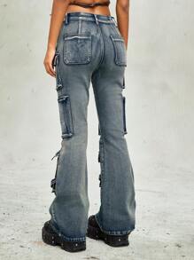 ROMWE Grunge Punk Distressed Flare Leg Women's Jeans, Street Punk Apocalyptic Style