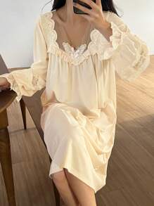 DAZY Sweet Lace Patchwork Ruffle Trim Sleep Dress