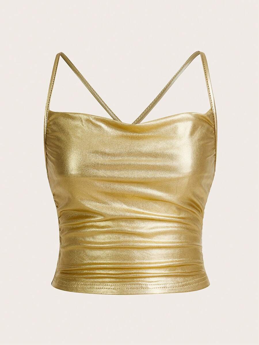 SHEIN ICON Draped Front Crisscross Backless PU Leather Cami Going Out Tops - Gold - View 1