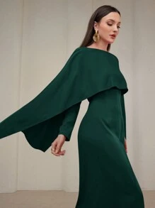 Modelyn 女士纯色圆领拼布阿巴雅长裙，优雅阿拉伯设计长款晚礼服，端庄